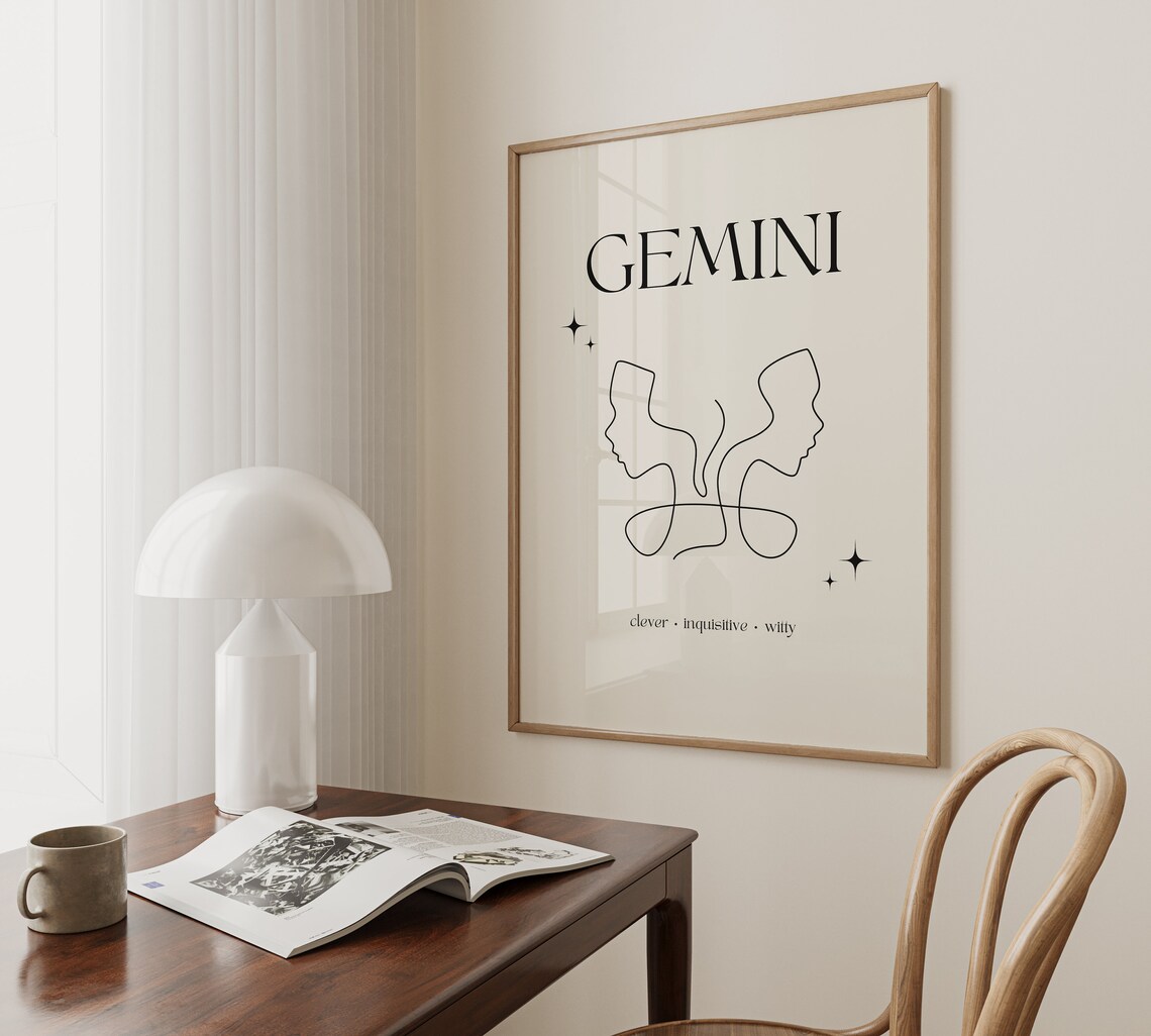 Gemini Zodiac Sign Minimalist Dual Face Line Art Cream Poster - Image 4