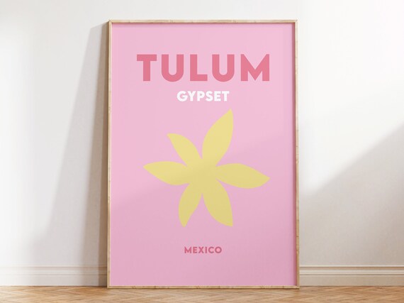 Tulum Gypset Mexico Minimalist Pink Yellow Flower Travel Poster