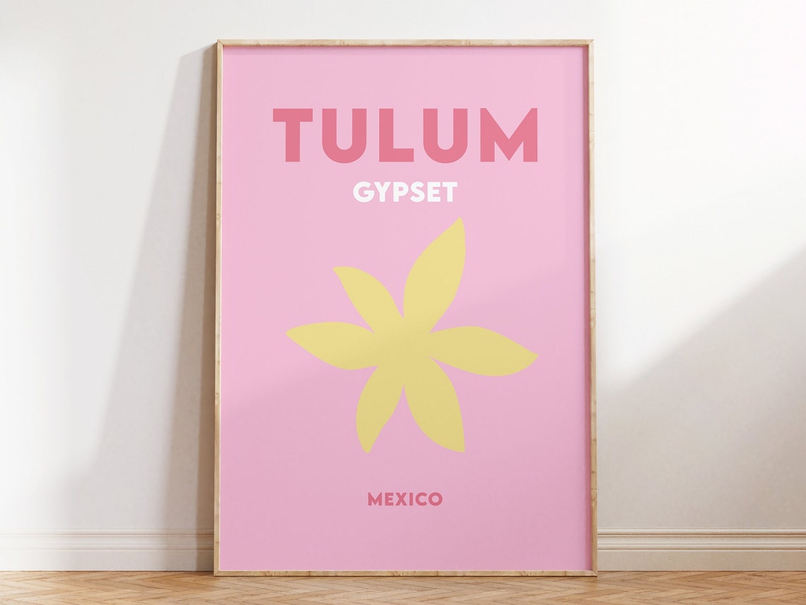 Tulum Gypset Mexico Minimalist Pink Yellow Flower Travel Poster