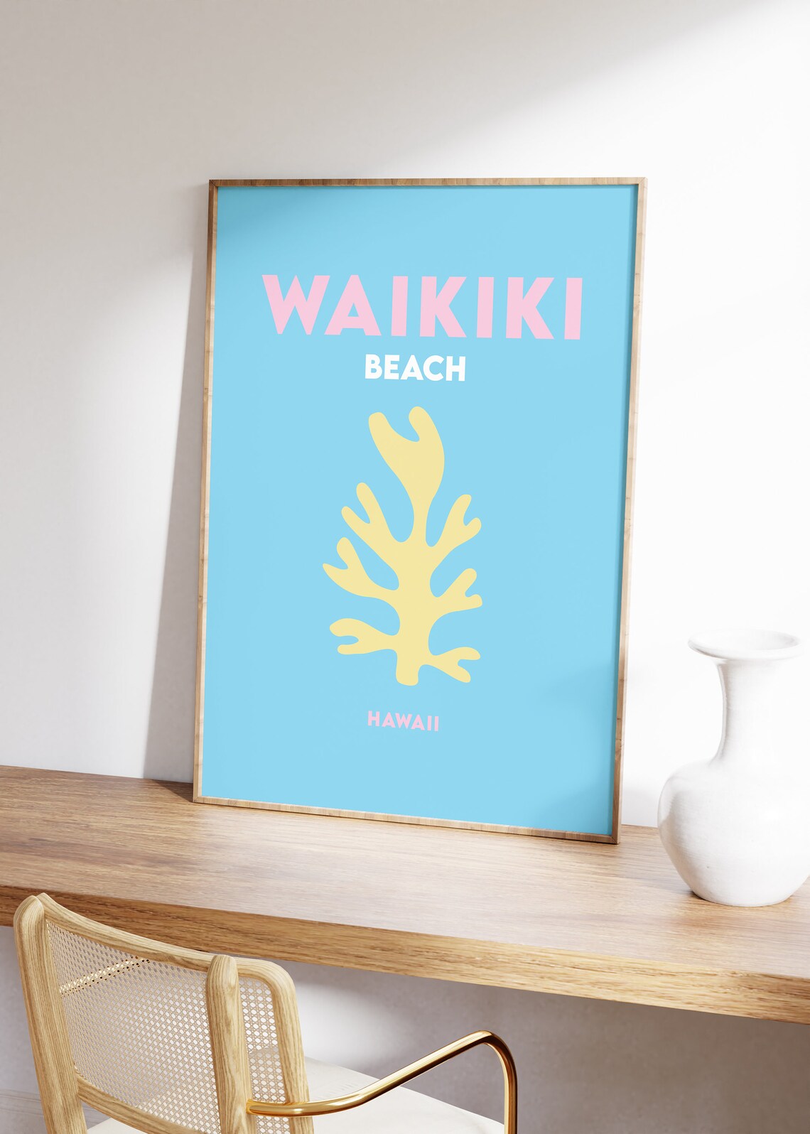 Waikiki Beach Hawaii Bright Minimalist Coral Motif Travel Poster