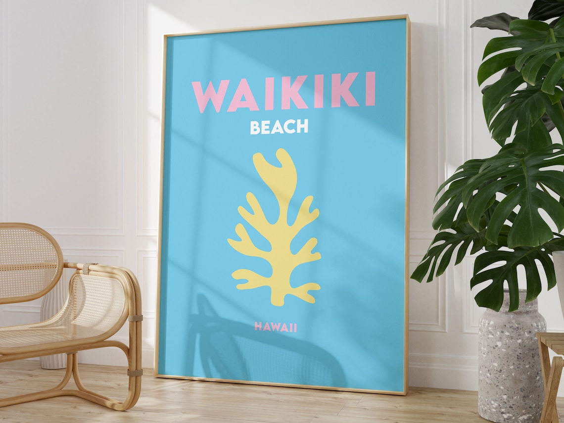 Waikiki Beach Hawaii Bright Minimalist Coral Motif Travel Poster - Image 3