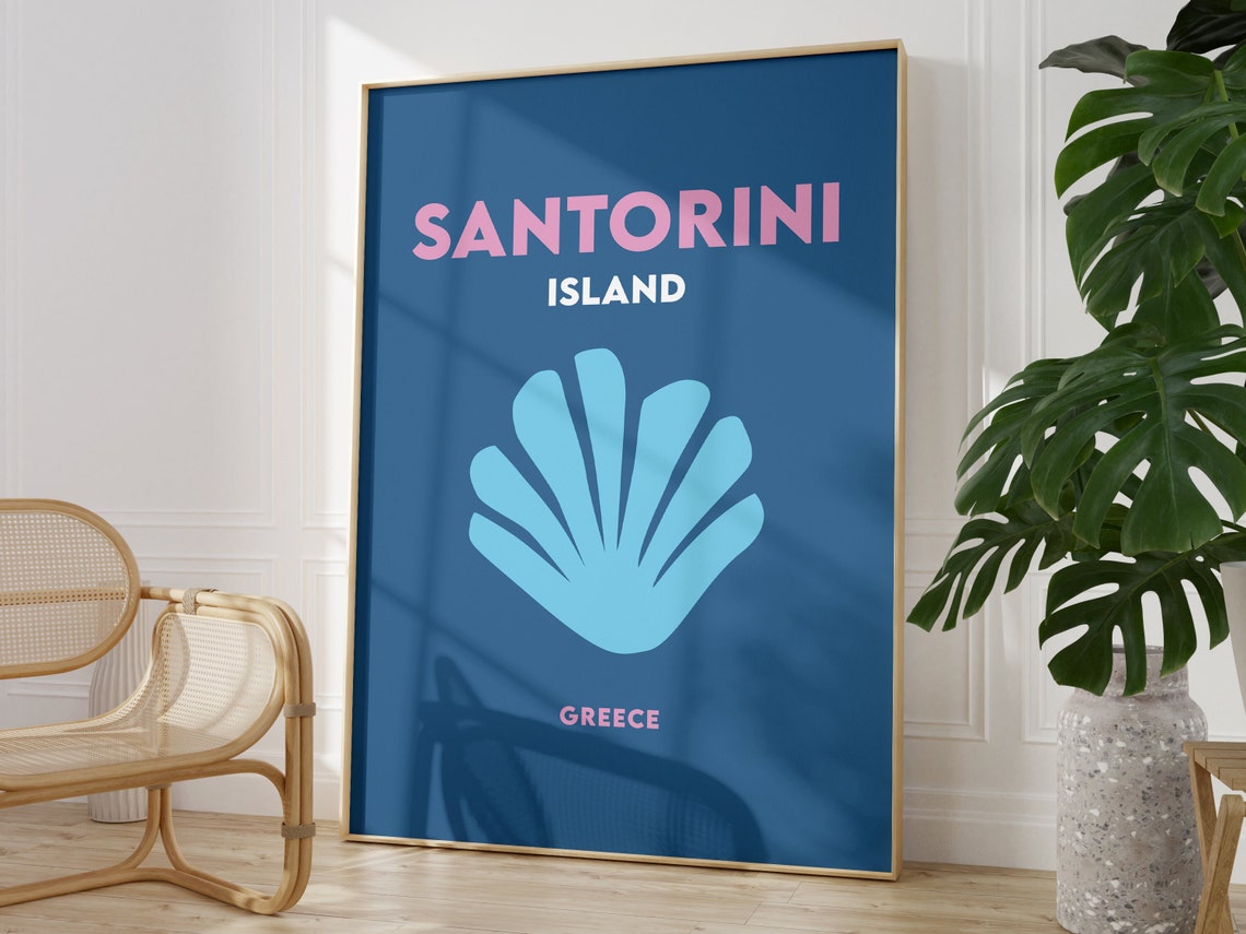 Santorini Island Greece Minimalist Navy Blue Shell Travel Poster