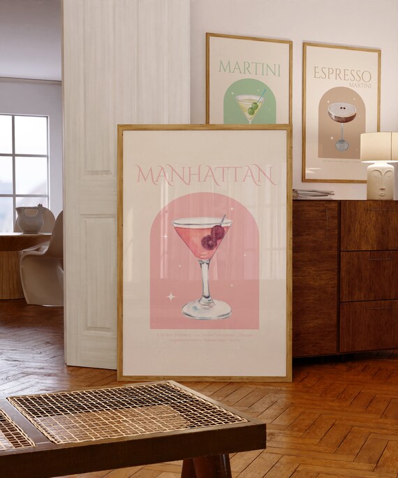 Manhattan Cocktail Recipe Pink Watercolor Bar Cart Decor Poster