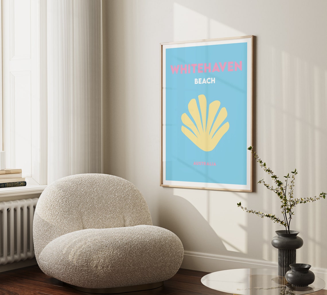 Whitehaven Beach Australia Blue Yellow Seashell Travel Poster - Image 2