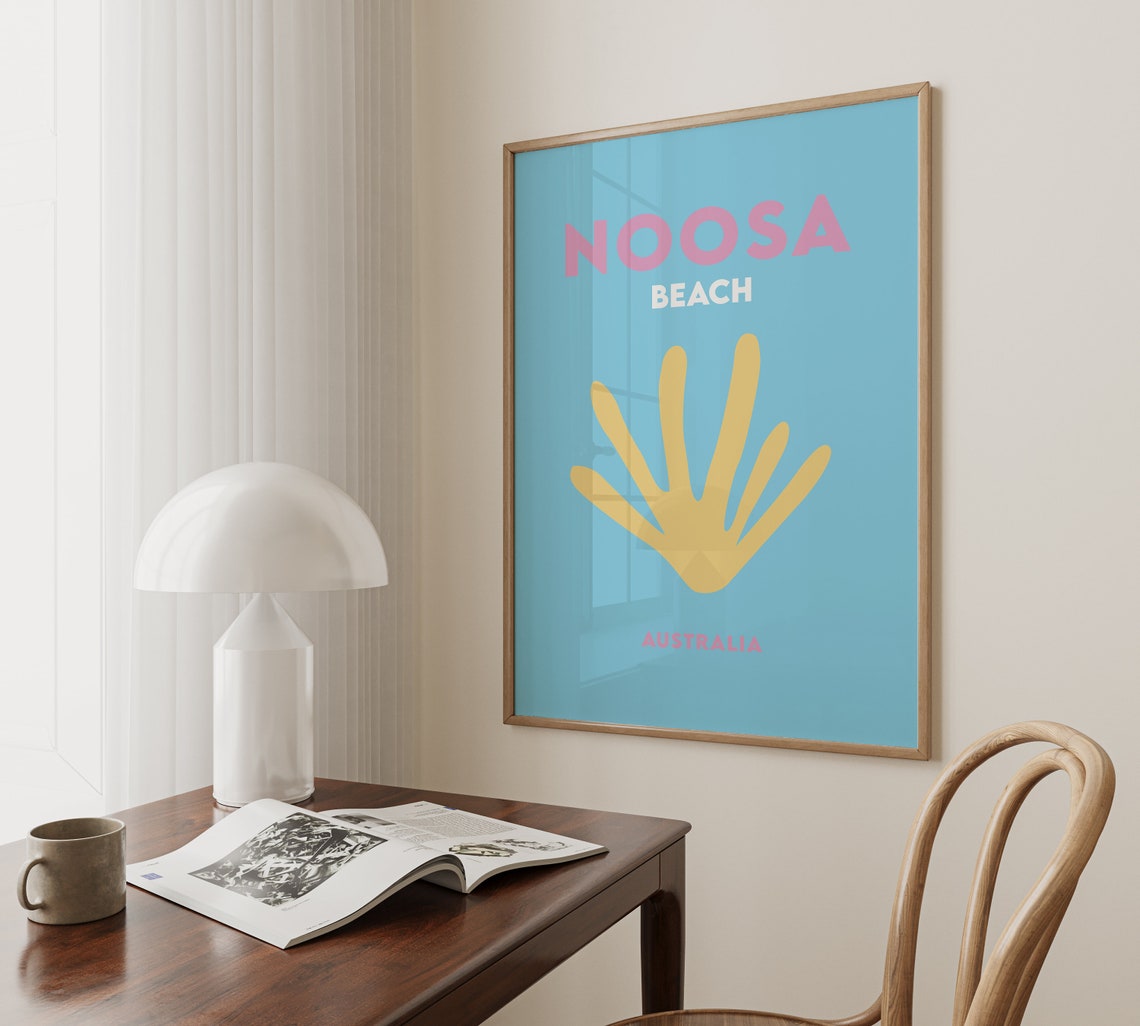 Noosa Beach Australia Blue with Yellow Seashell Travel Poster - Image 5