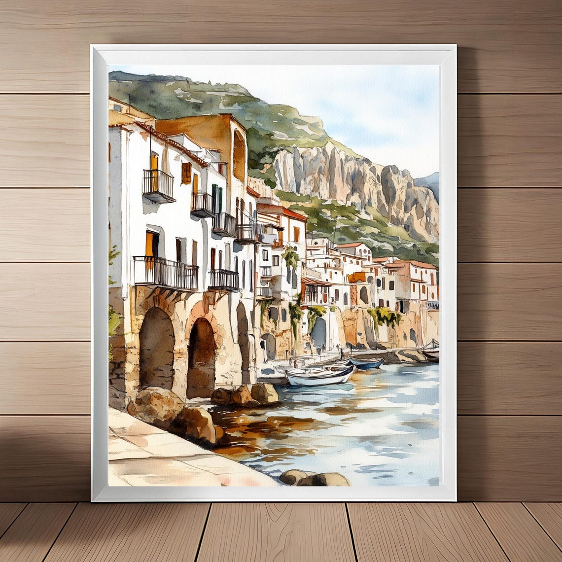Cefalu Sicily Waterfront Old Town Watercolor Mediterranean Art Poster