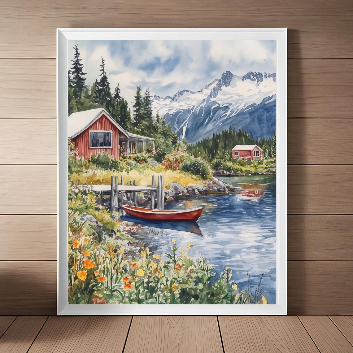 Alaska Watercolor Travel Poster, Mountains and Glaciers