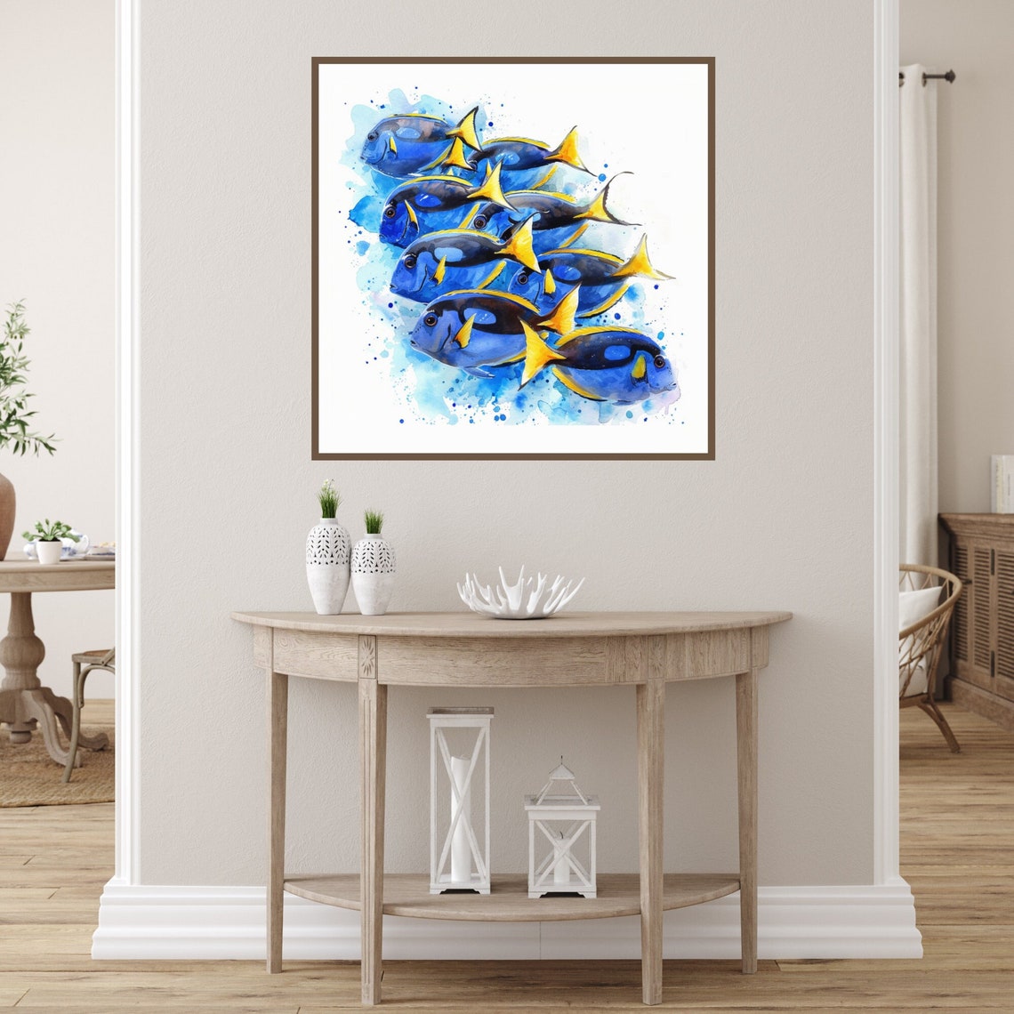 Blue Tang Fish School Watercolor Yellow Tail Ocean Reef Poster