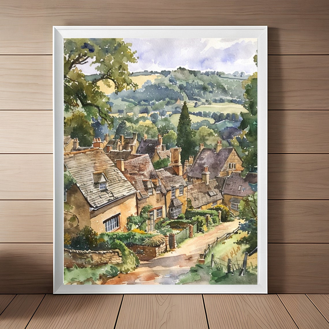 Gloucestershire England Painting Cotswold Village Art Rural Countryside Landscape Watercolor Print English Farmhouse Wall Decor Travel