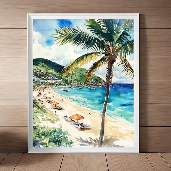 St Maarten Great Bay Sandy Beach With Palm Tree Watercolor Poster