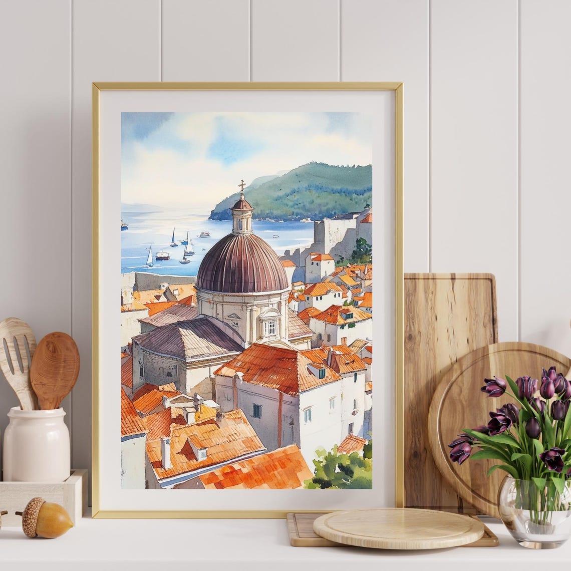 Dubrovnik Croatia Old Town Dome Harbor View Watercolor Poster