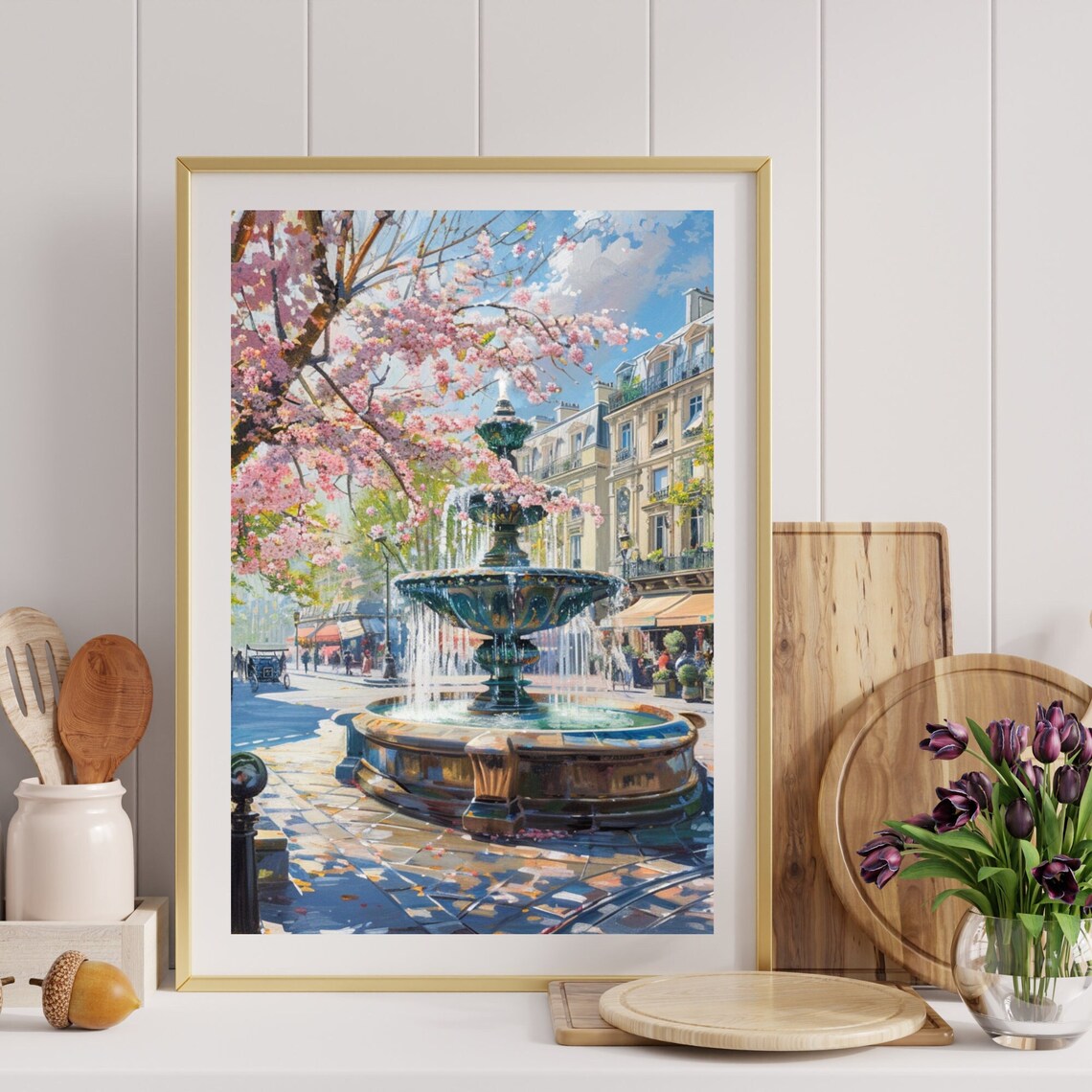 Paris Fountain Cityscape Watercolor Art Print