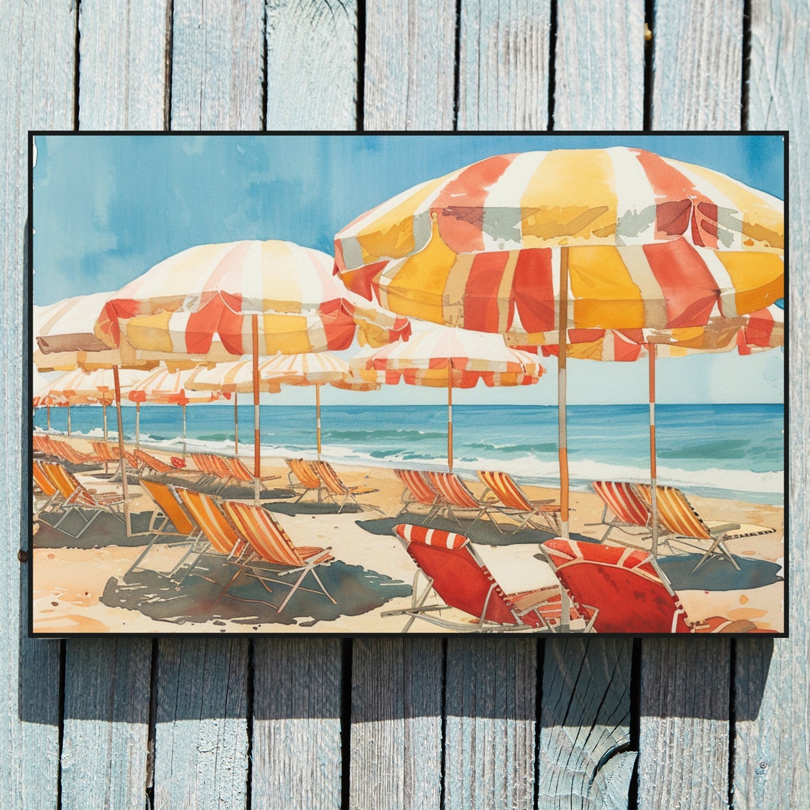 Beach Umbrellas Watercolor Striped Loungers Shoreline Poster