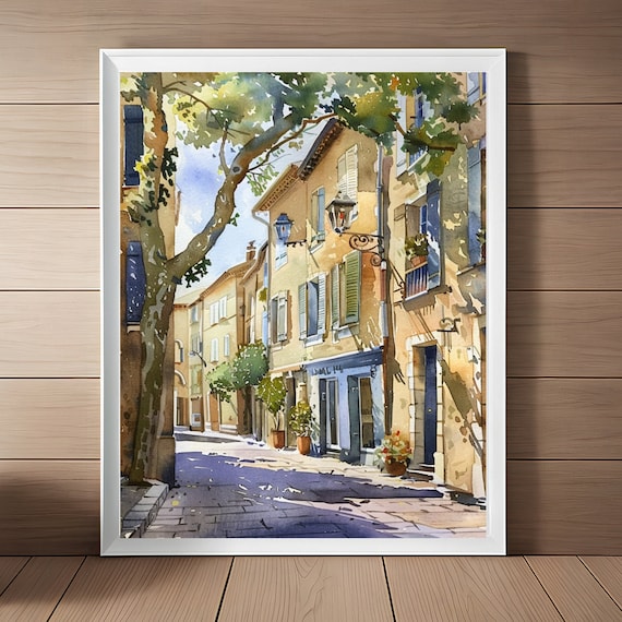 Aix En Provence Street Lampposts Tree Shadows Golden Watercolor Wall Art
