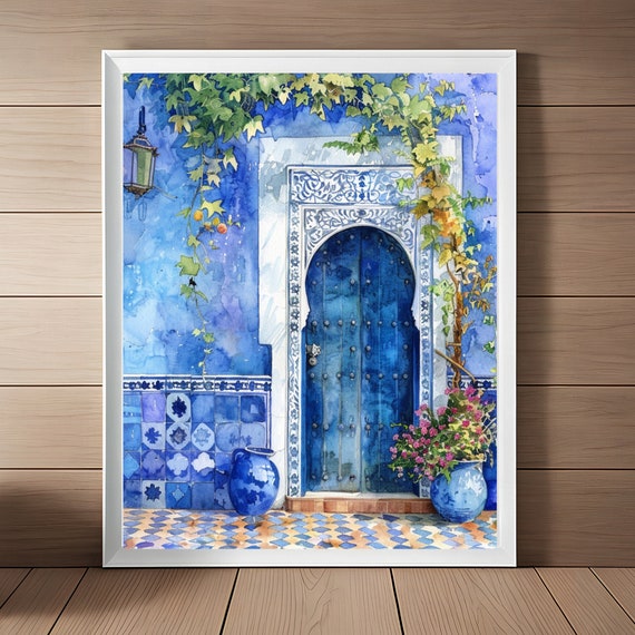Moroccan Blue Door Painting Morocco Art Print European Wall Decor Marrakesh Travel Art Watercolor