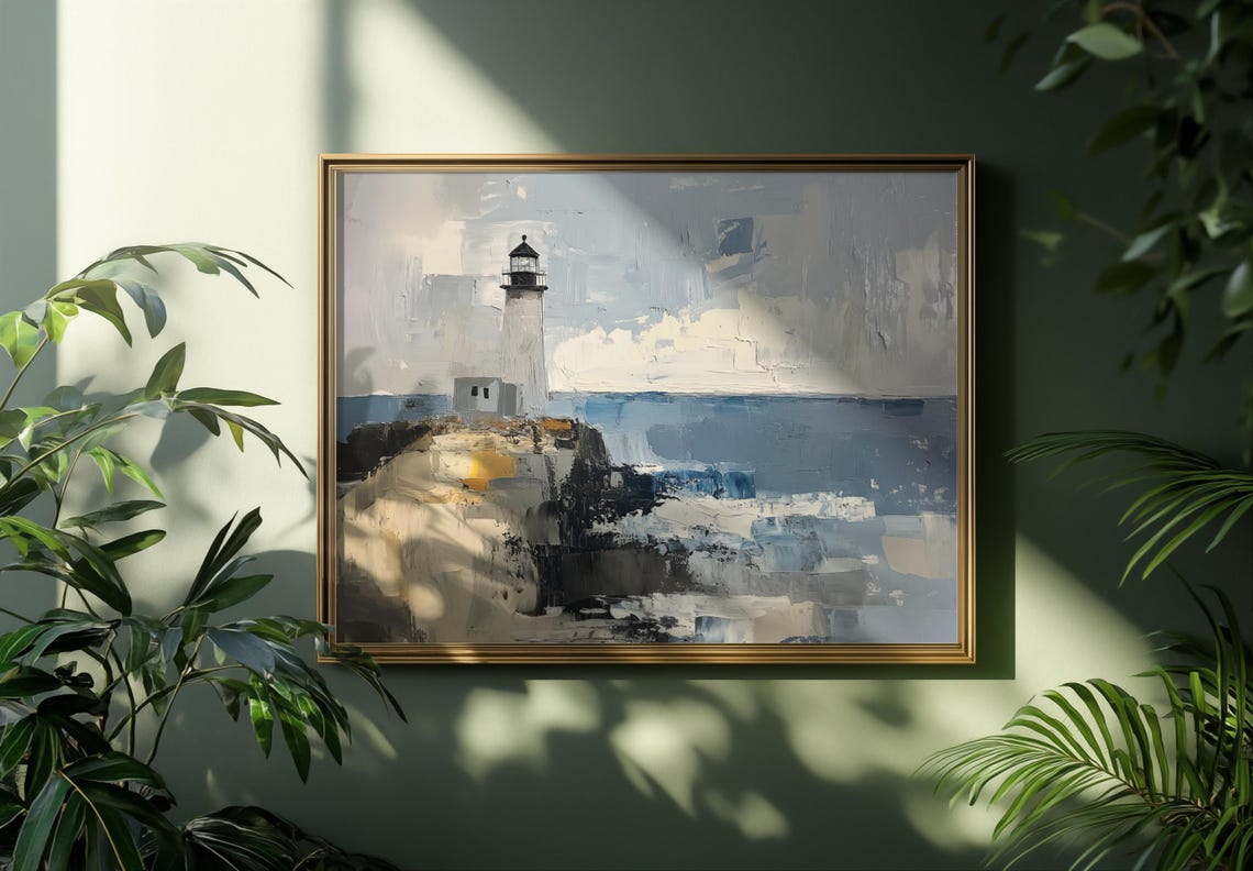 Lighthouse On Rocky Cliffs Abstract Coastal Seascape Blue Poster - Image 5