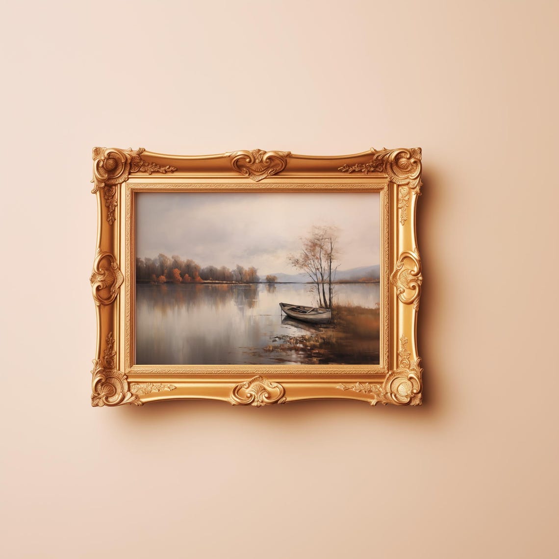 Autumn Lakeside Painting Rowboat At Shore Calm Fall Scene Poster - Image 3