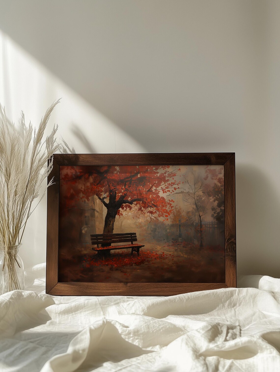 Autumn Park Bench Painting Fiery Red Leaves Misty Morning Poster - Image 3