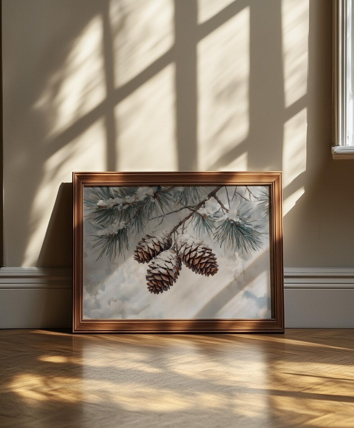 Antique Pine Cone Oil Painting, Elegant Winter Scene - Image 5