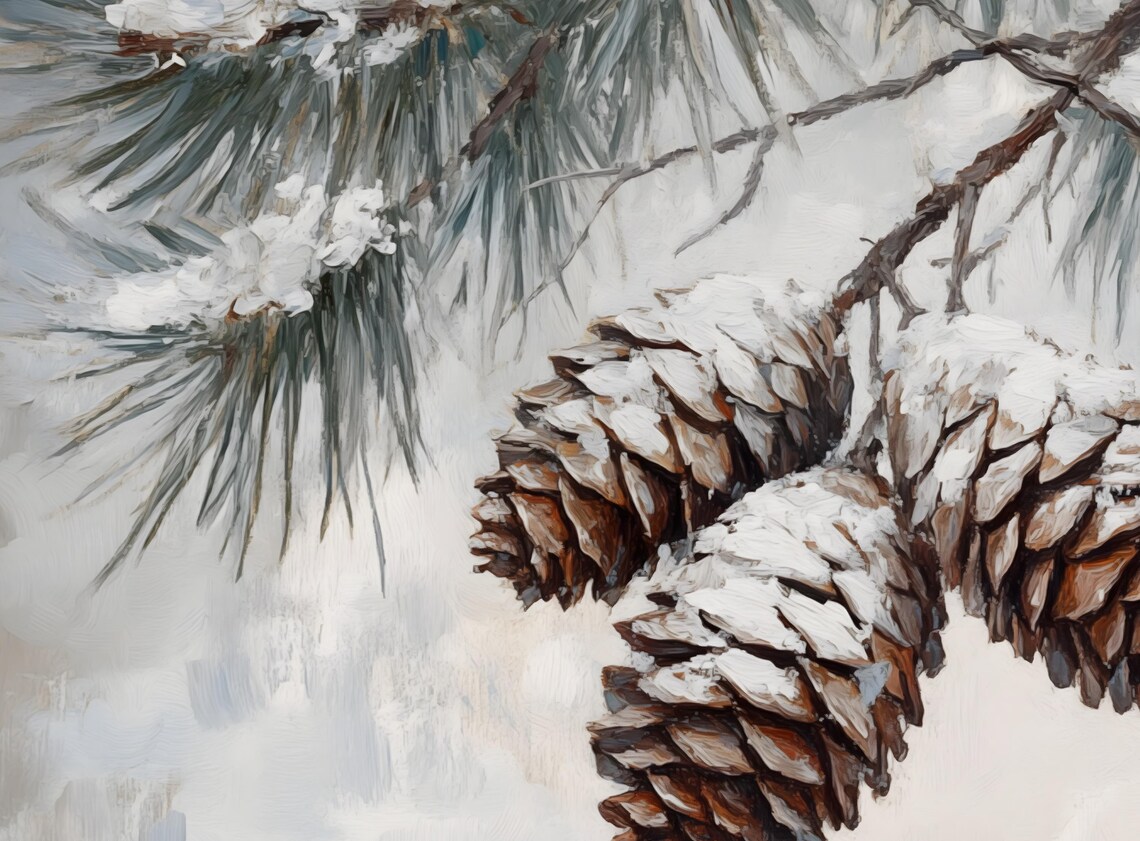 Antique Pine Cone Oil Painting, Elegant Winter Scene - Image 4