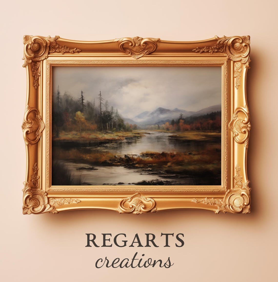 Moody Autumn Lake Painting Pines And Mountains Misty Scene Poster - Image 2