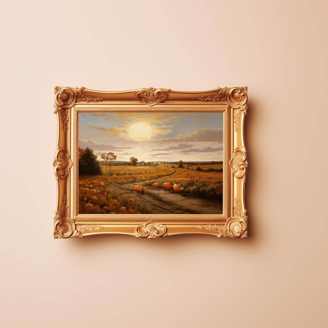 Pumpkin Patch Field Painting Harvest Sunset Farmhouse Scene Poster - Image 3