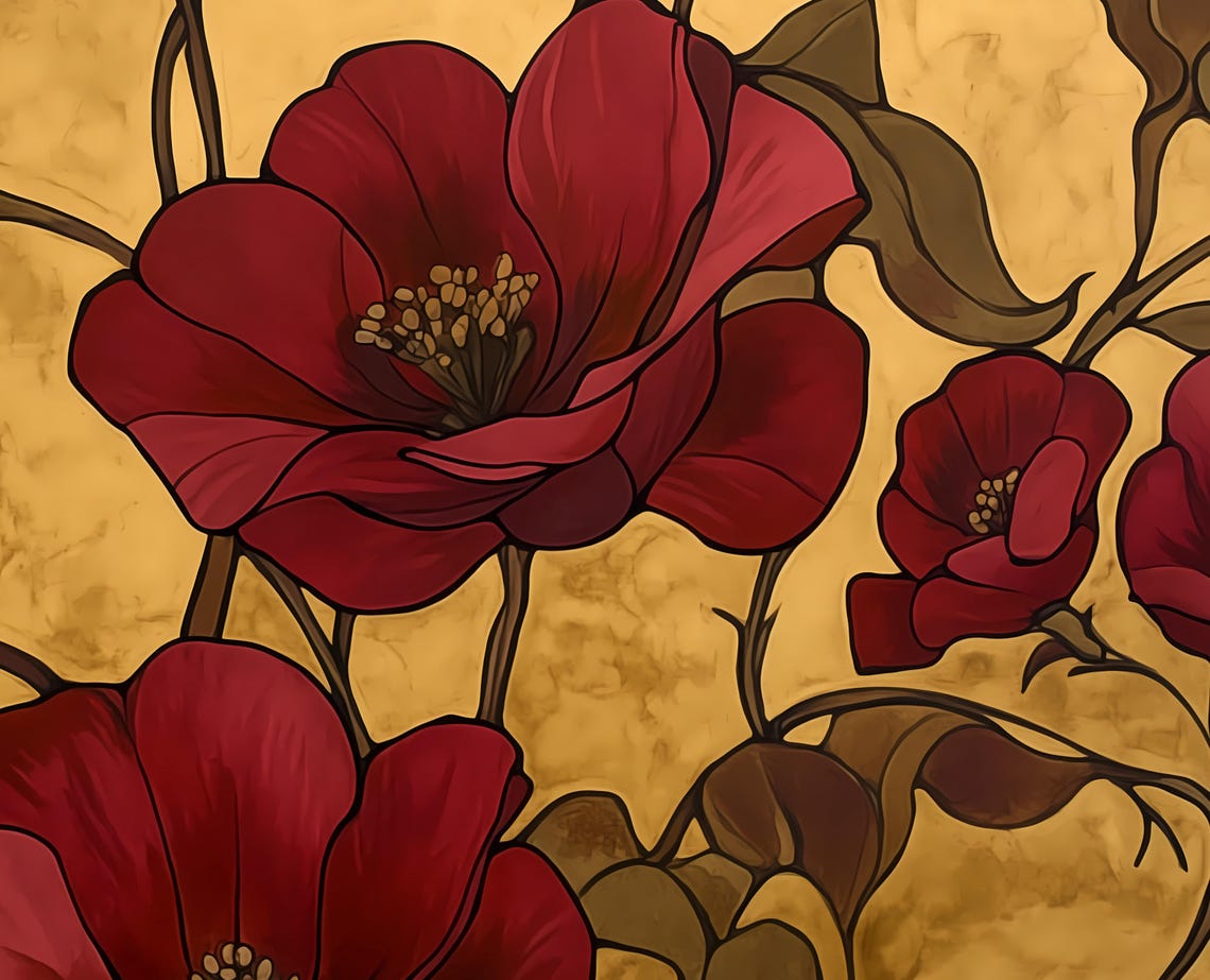 Art Nouveau Red Floral On Gold Elegant Vintage Botanical Poster - Image 4
