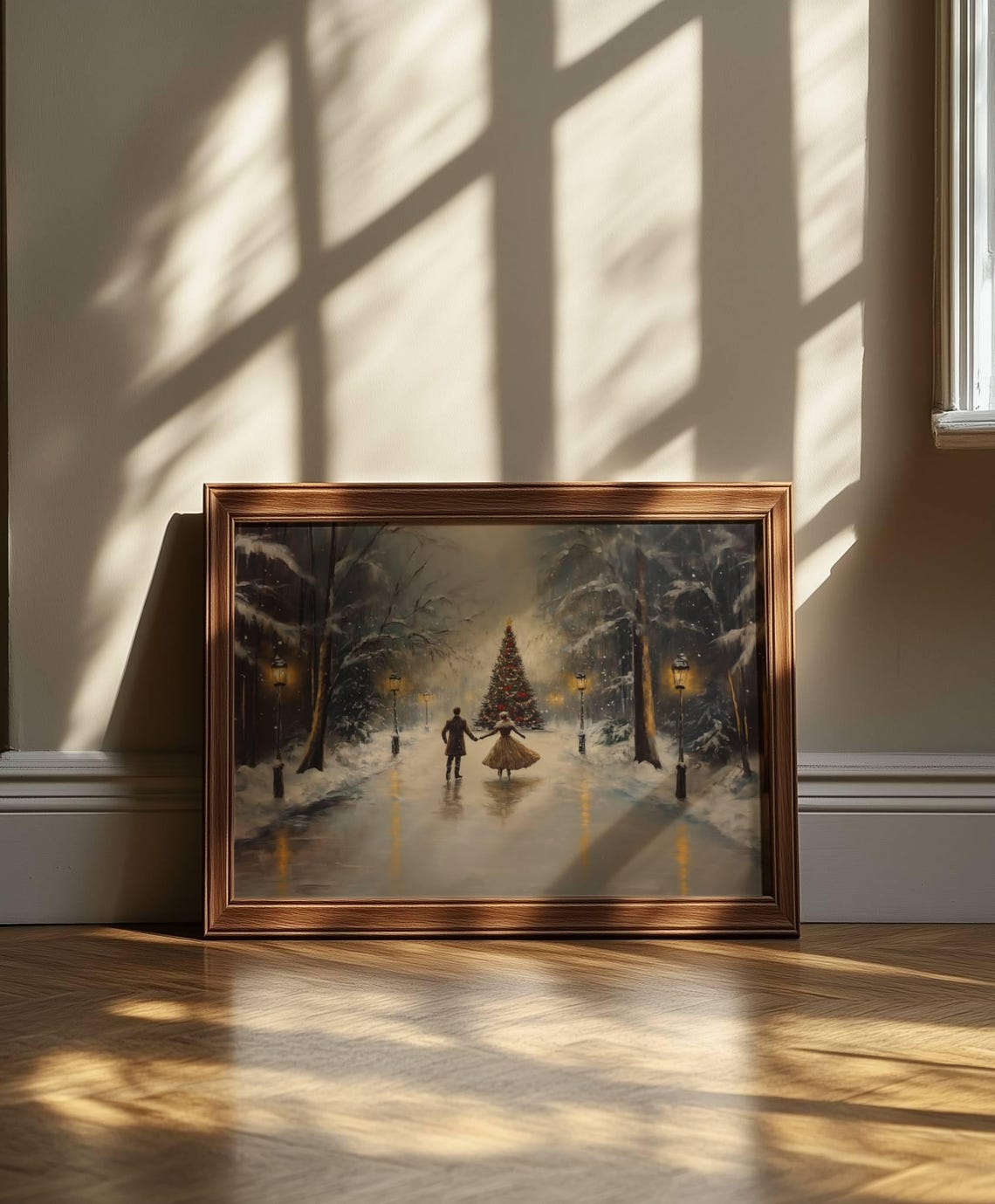 Romantic Ice Skating Couple Christmas Tree Snowy Night Avenue Poster - Image 4