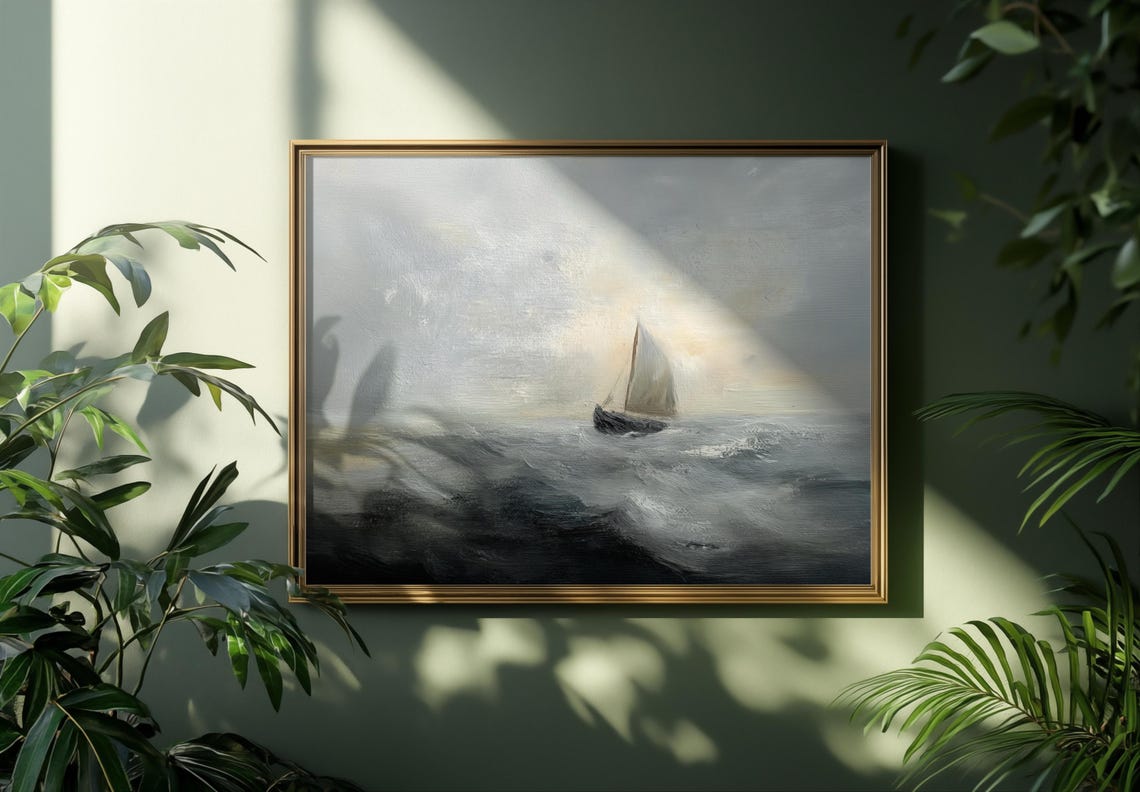 Moody Ocean Sailboat Seascape Vintage Grey Waves Painting Poster - Image 3