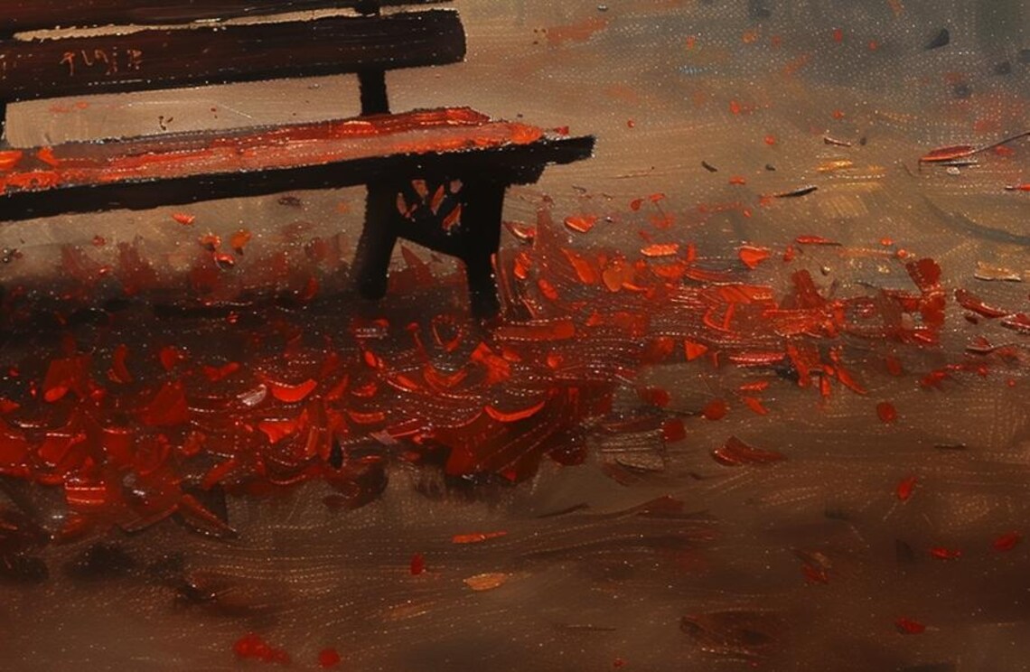 Autumn Park Bench Painting Fiery Red Leaves Misty Morning Poster - Image 4