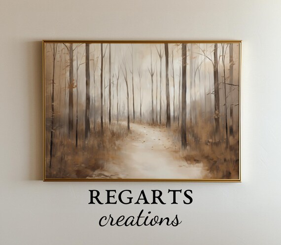 Misty Forest Path Through Tall Trees Neutral Beige Woodland Poster