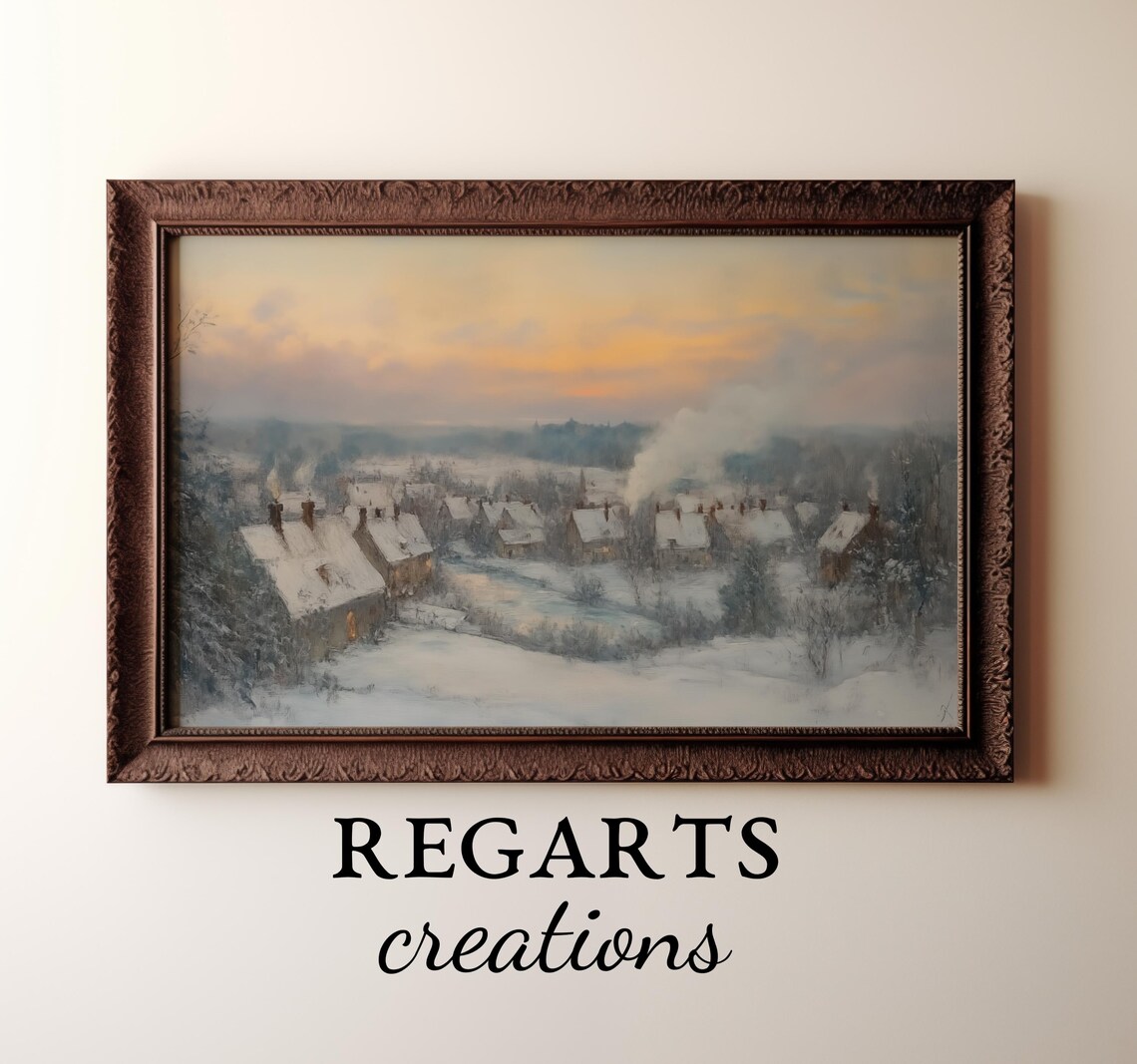 Snowy Village At Sunset Smoke Rising Chimneys Winter Evening Poster - Image 4