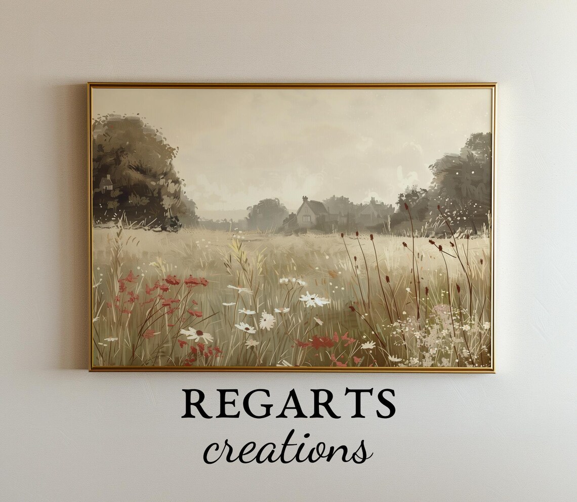 English Meadow Painting Summer Wildflowers And Distant Cottage Poster