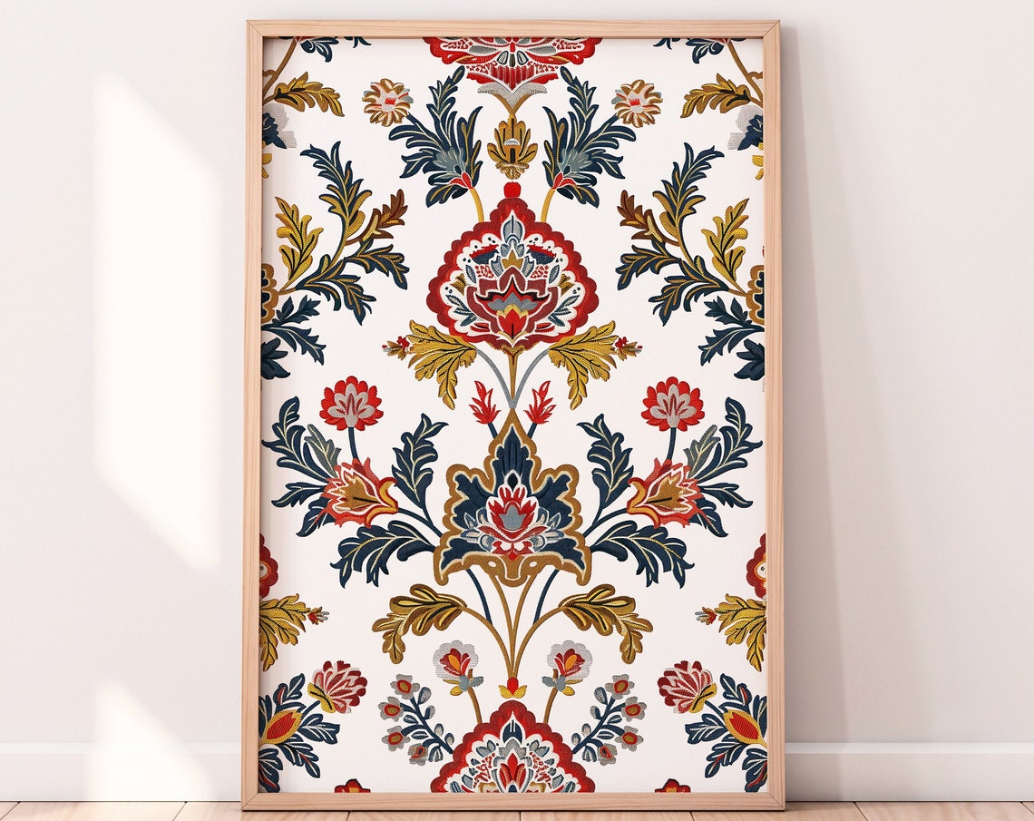 Ornate Indian Floral Red Navy Motif Artwork Style Decor Poster