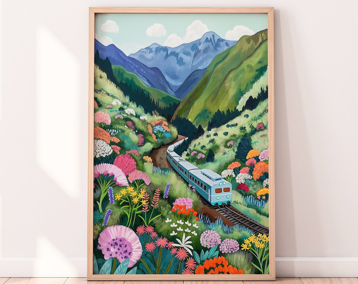 Train Traveling Through Wildflower Valley Mountain Art Print