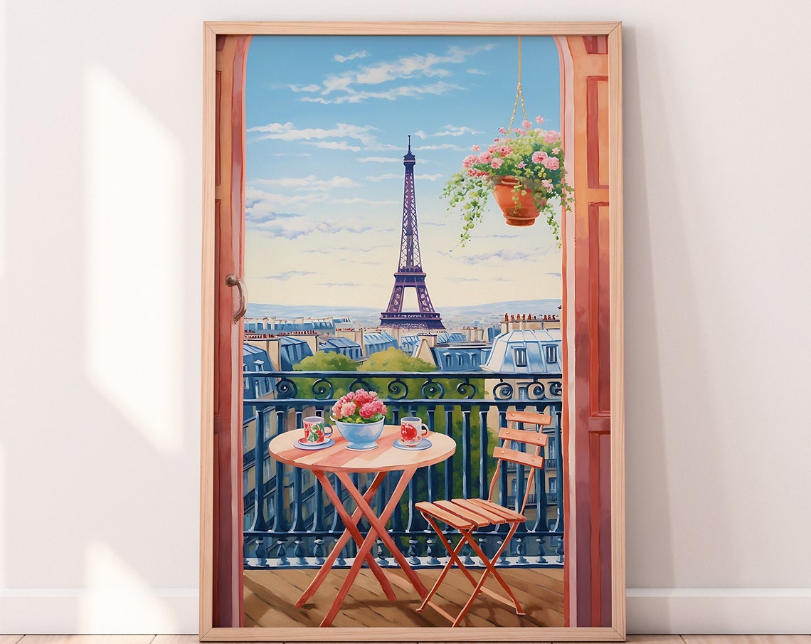 Paris Eiffel Tower Balcony Art Print With Flowers And City View