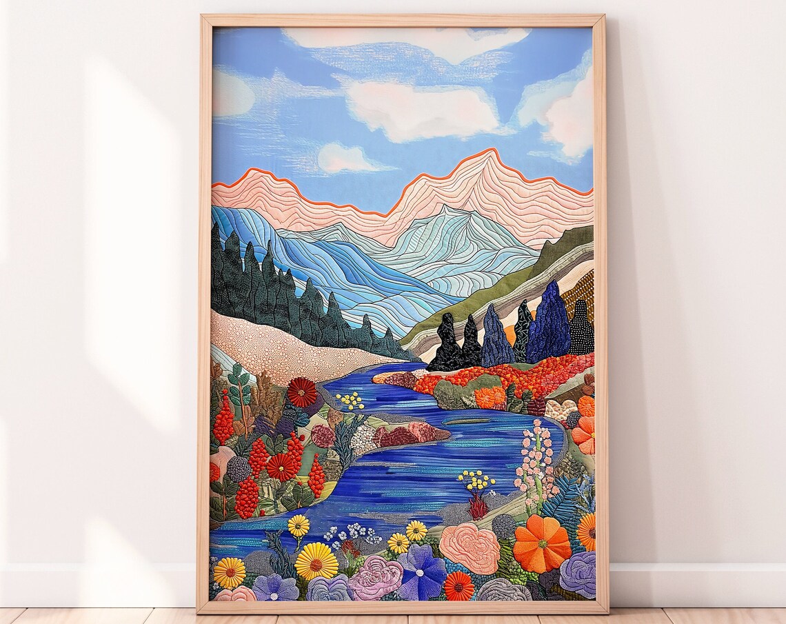 Abstract Landscape Patchwork Art Print, Floral Scenery - Image 2