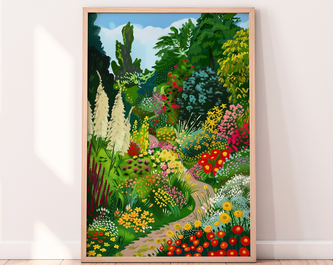 Blooming Botanical Garden Path Colorful Summer Flowers Art Poster