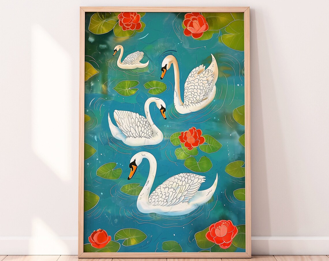 Four White Swans Teal Pond Lotus Blossom Magical Artwork Poster
