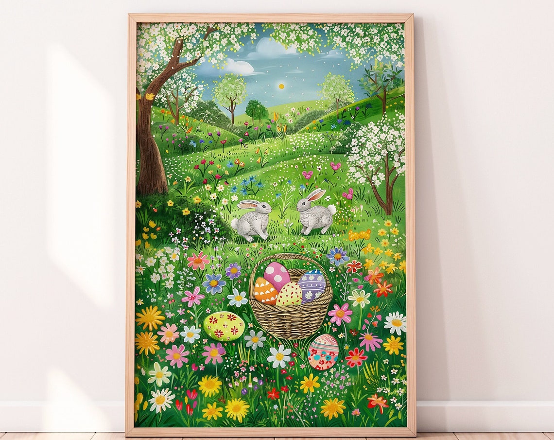 Easter Rabbits Wildflower Meadow Painted Egg Hunt Scene Art Poster