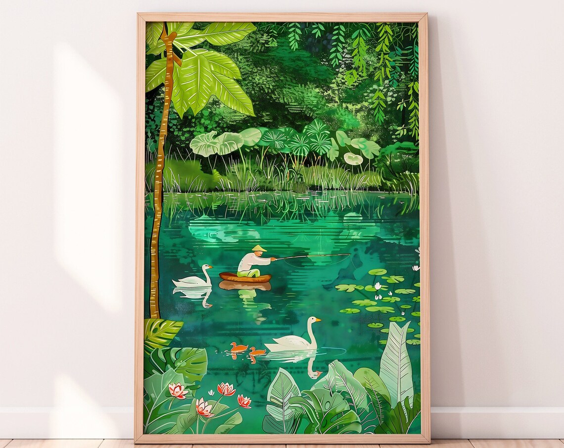 Tropical Lake Fisherman Canoe Swans Lotus Jungle Scene Poster