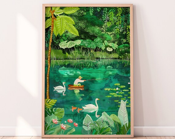 Tropical Lake Illustration Botanical Wall Art Colorful Scenery Wall Art Art