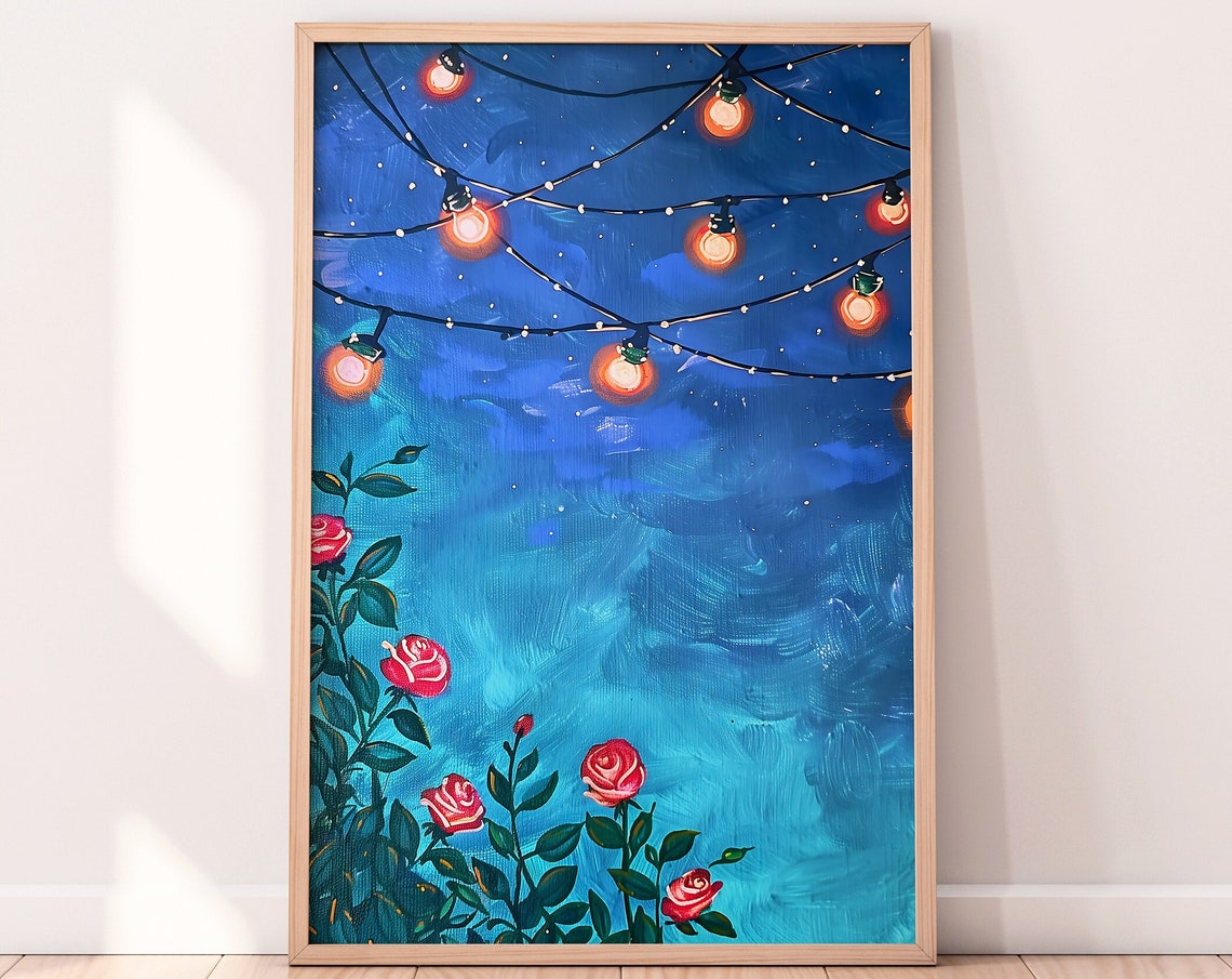 Red Roses Under Starry Night Sky String Lights Garden Poster