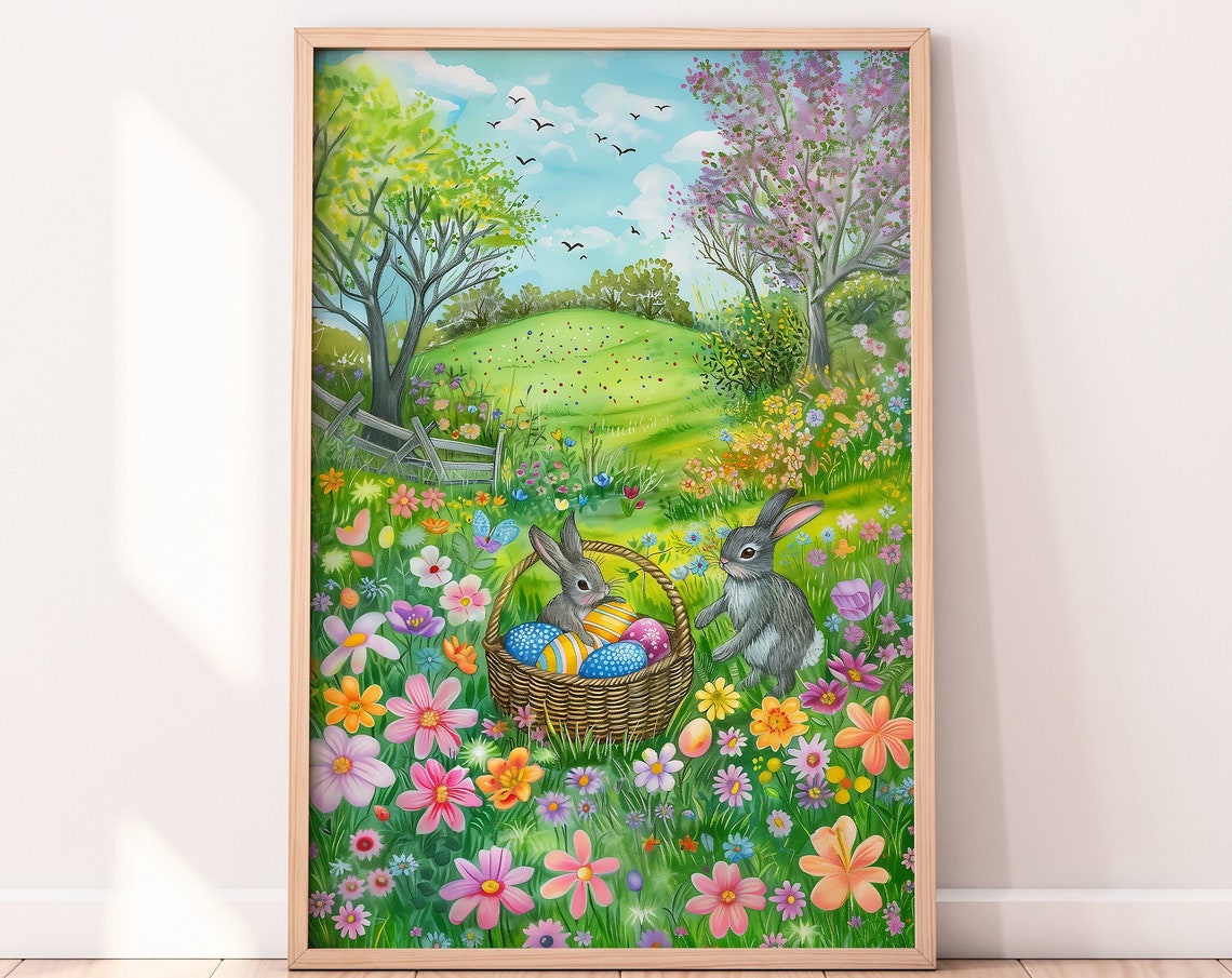 Easter Bunnies Painted Eggs Basket Spring Meadow Scene Art Poster