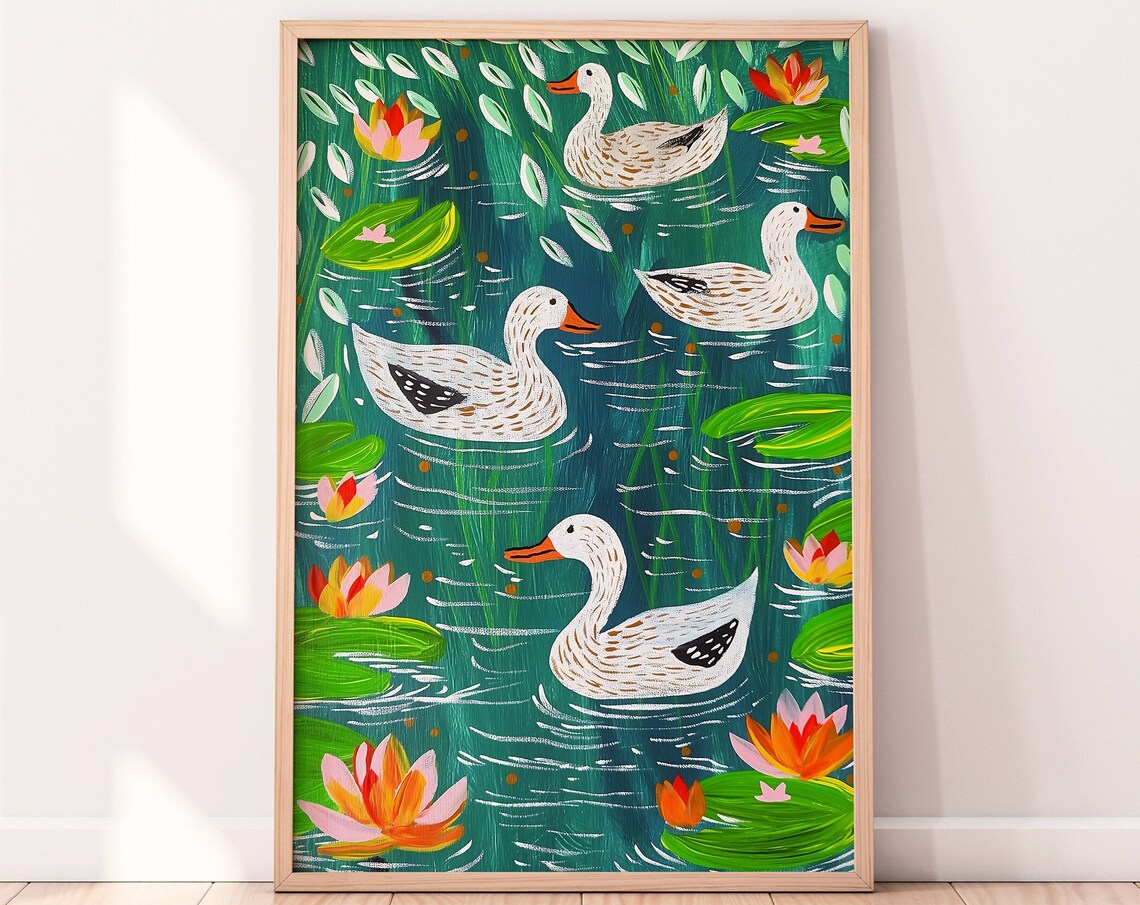 Ducks In A Pond Art Print, Water Lily Flowers