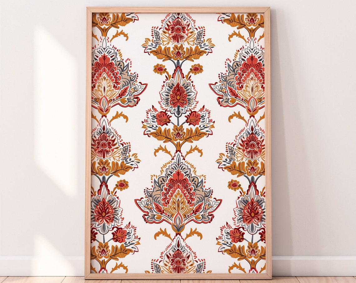 Indian Floral Damask Motif Terracotta Orange Pattern Artwork Poster