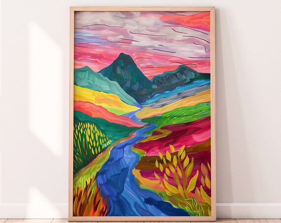 Vibrant Color Landscape Painting Mountain Landscape Abstract Vintage Retro Midcentury Modern Nature Painting