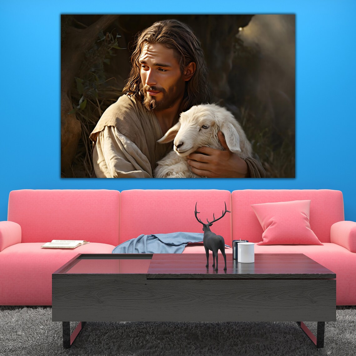 Jesus Holding the Lost Lamb Tender Christian Portrait Wall Art - Image 2