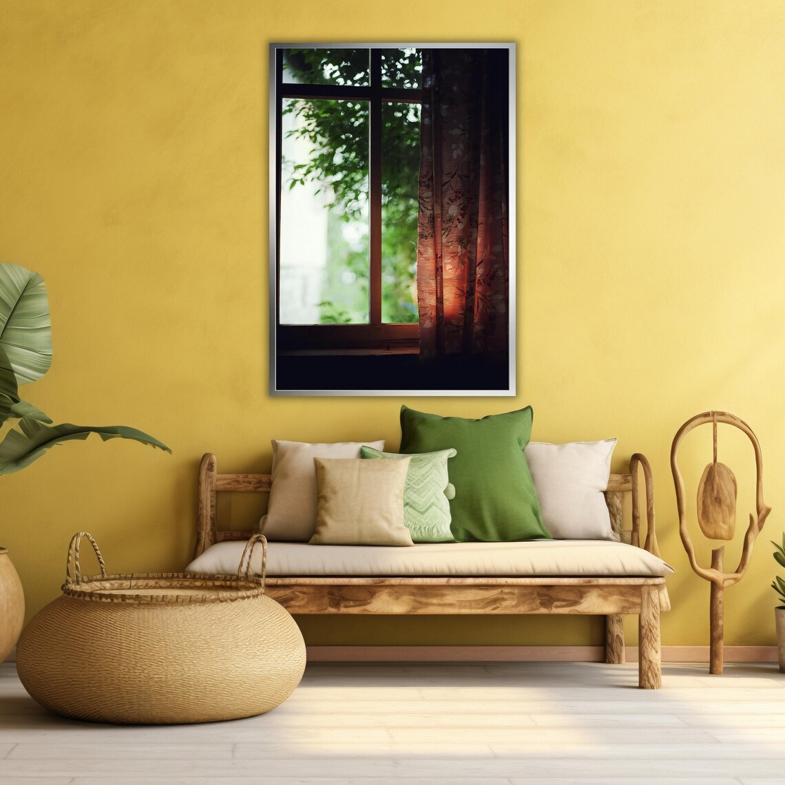 Window View Green Foliage Floral Curtain Sunlit Nature Art Poster - Image 3
