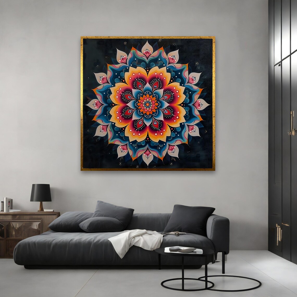 Colorful Floral Mandala Orange Pink Blue On Black Bohemian Zen Wall Poster - Image 3